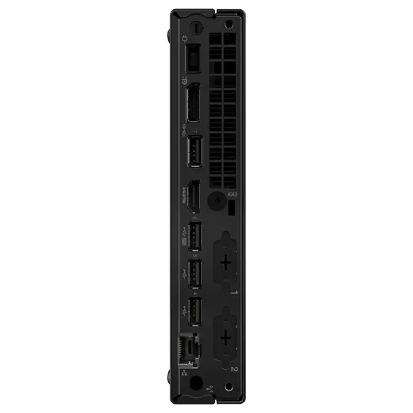 Forward facing, rear side of Lenovo ThinkCentre M75q Gen 5 Tiny desktop.